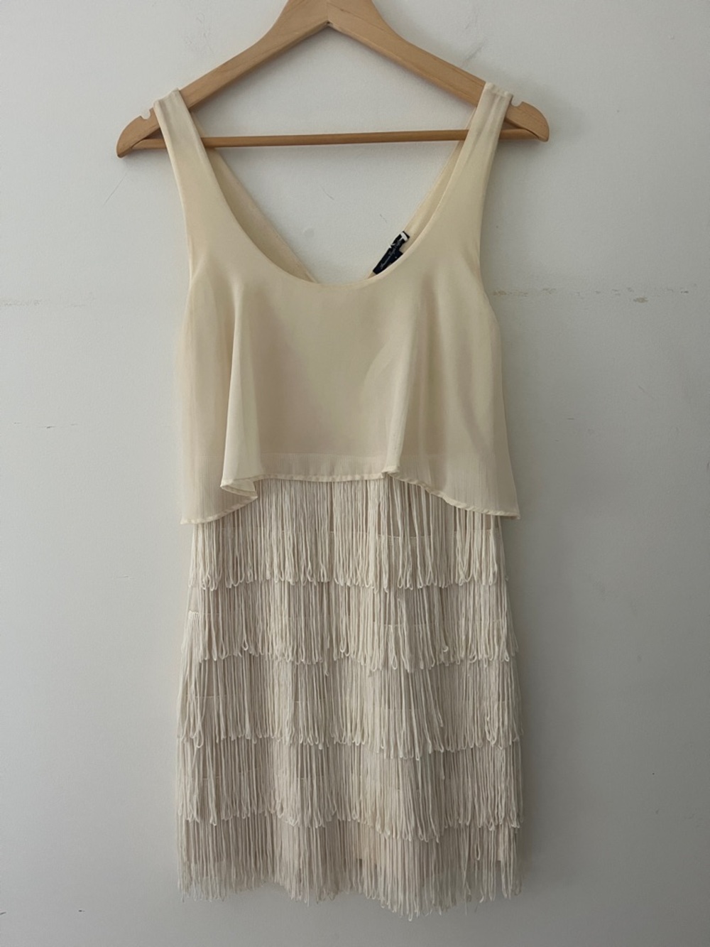 American Eagle Outfitters Cream Fringe Tiered Mini Dress bachelorette flapper